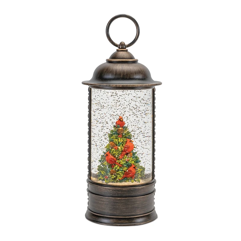 9.75" LED Snow Globe Lantern with Cardinal Holly Tree