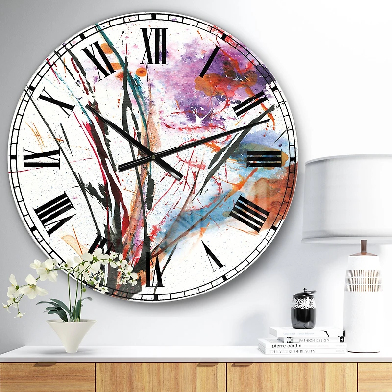 Designart 'Abstract Handpainted Purple And Blue Flowers Traditional Wall Clock