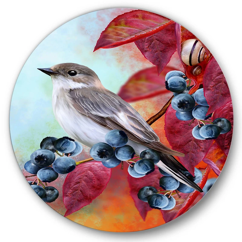 Designart - Little Gray Bird On Red Autumn On Blueberry Twig
