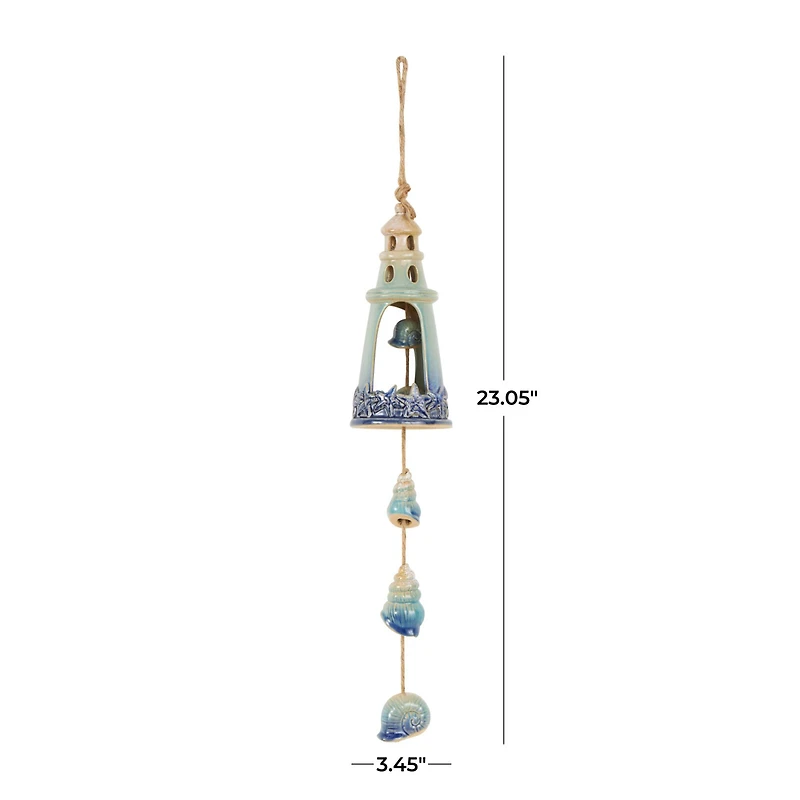 23" Blue Ceramic Light House Ombre Windchime with Shell & Starfish Accents