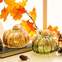 Glitzhome® Green & Amber Crackle Glass Short Pumpkin Set