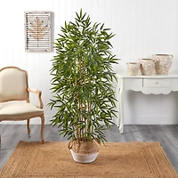 64" Bamboo Artificial Tree with Natural Bamboo Trunks in Boho Chic Handmade Cotton & Jute White Woven Planter