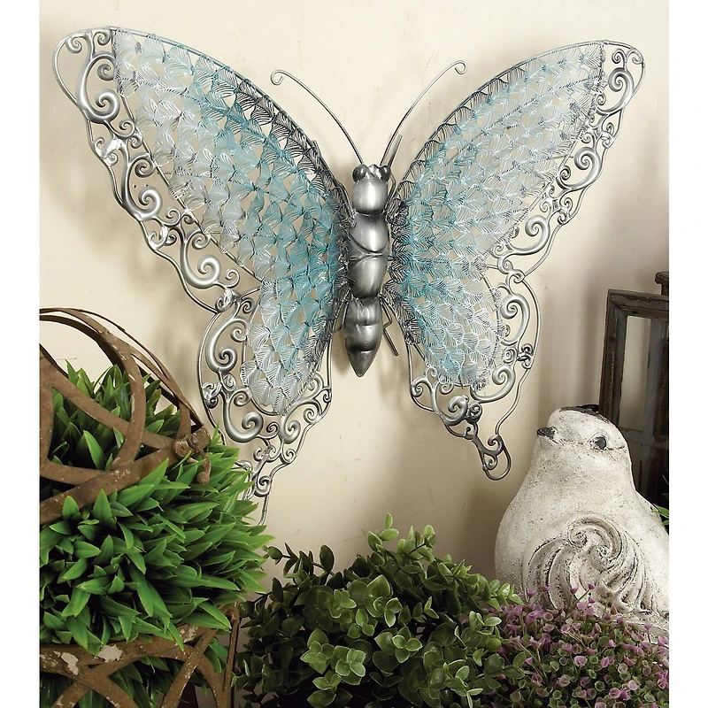 Silver & Blue Butterfly Eclectic Metal Wall Decor