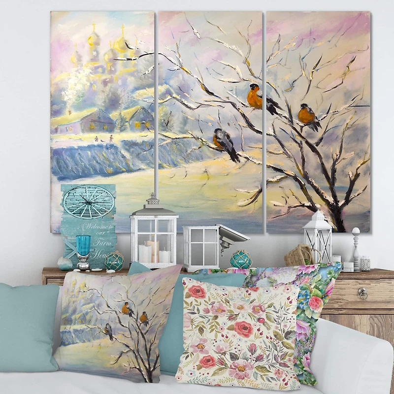 Designart - Rustic Birds On A Tree In Winter Village
