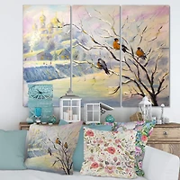 Designart - Rustic Birds On A Tree In Winter Village