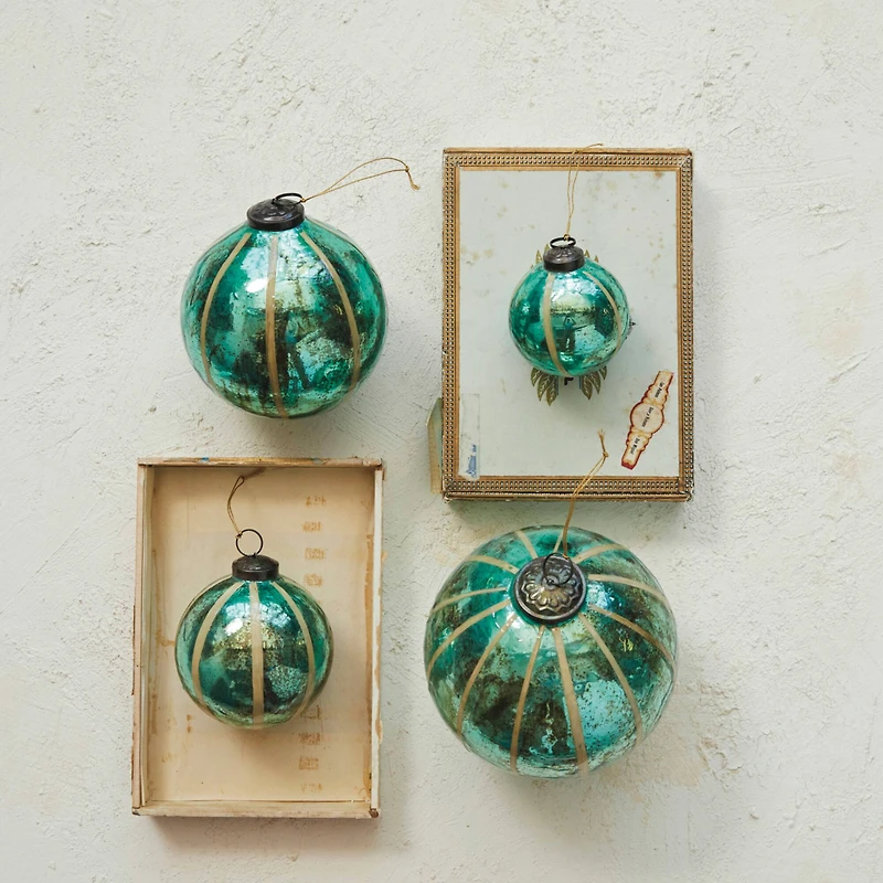Hello Honey® 6" Turquoise Glass Ball Ornament with Embedded Eucalyptus Leaves