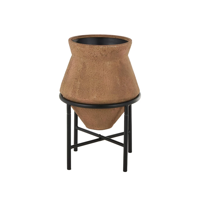 20" Brown Wide Metal Vase with Black Stand