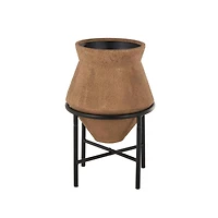 20" Brown Wide Metal Vase with Black Stand