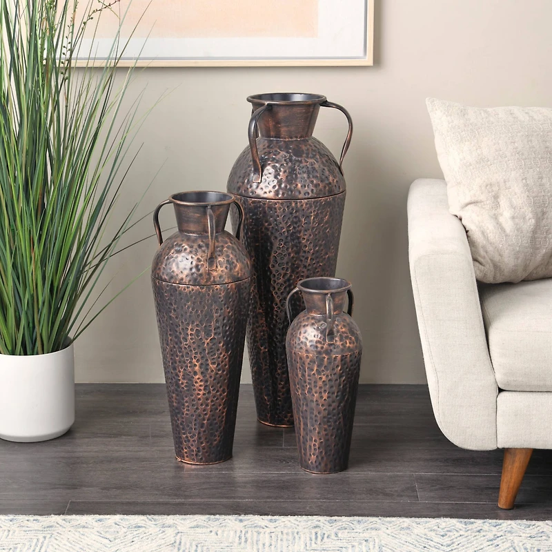 Copper Metal Tall Floor Weathered Amphora Vase Set, 3ct.