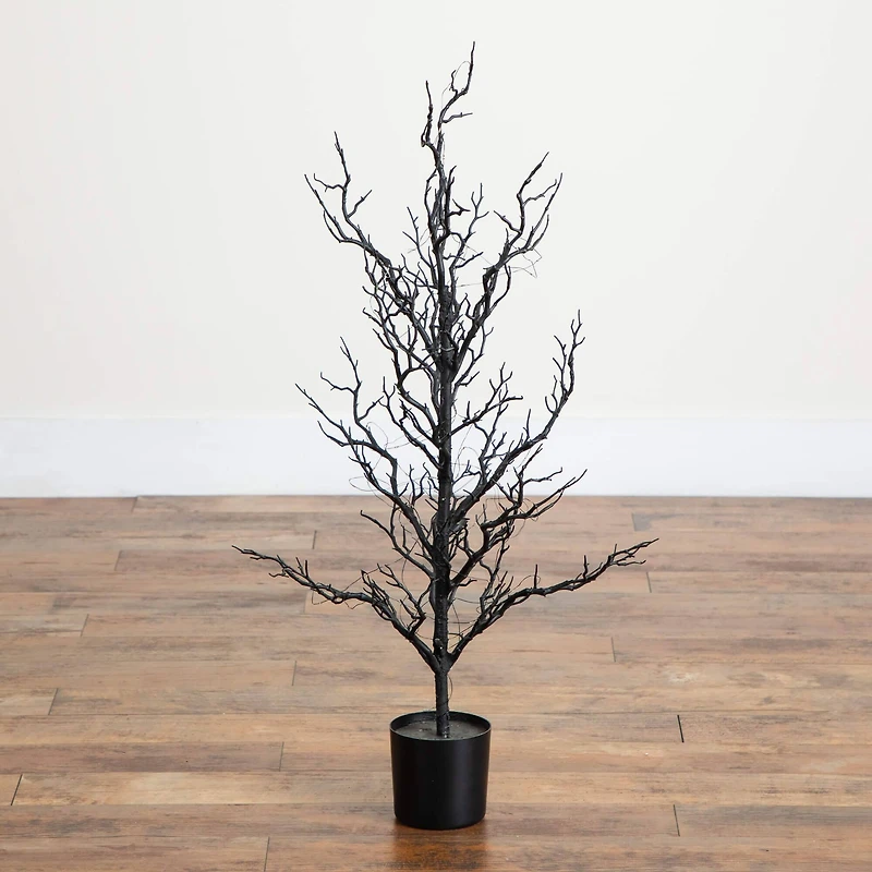 3ft. Pre-Lit Artificial Halloween Black Spooky Twig Tree with 100 Orange & Purple Copper Wire String LED Lights