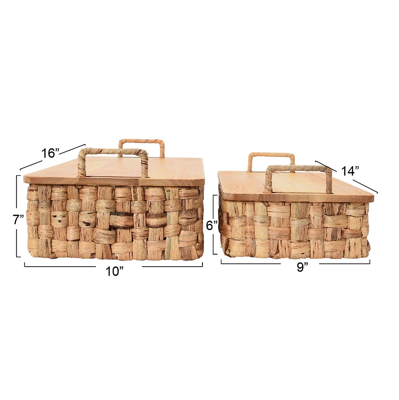 Household Essentials Stackable Hyacinth Basket Set with Oak Lids