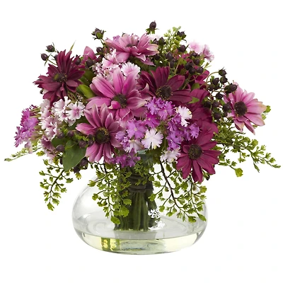 11.5" Pink & Purple Daisy Floral Arrangement in Glass Vase