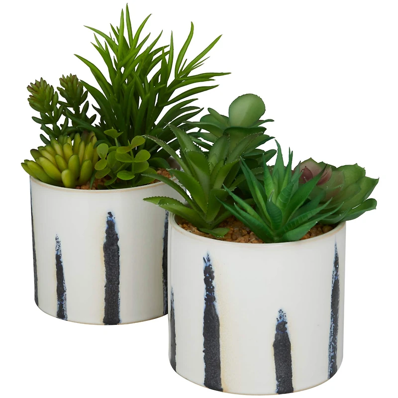 Novogratz Green Faux Foliage Succulent in Patterned Porcelain Pot Set