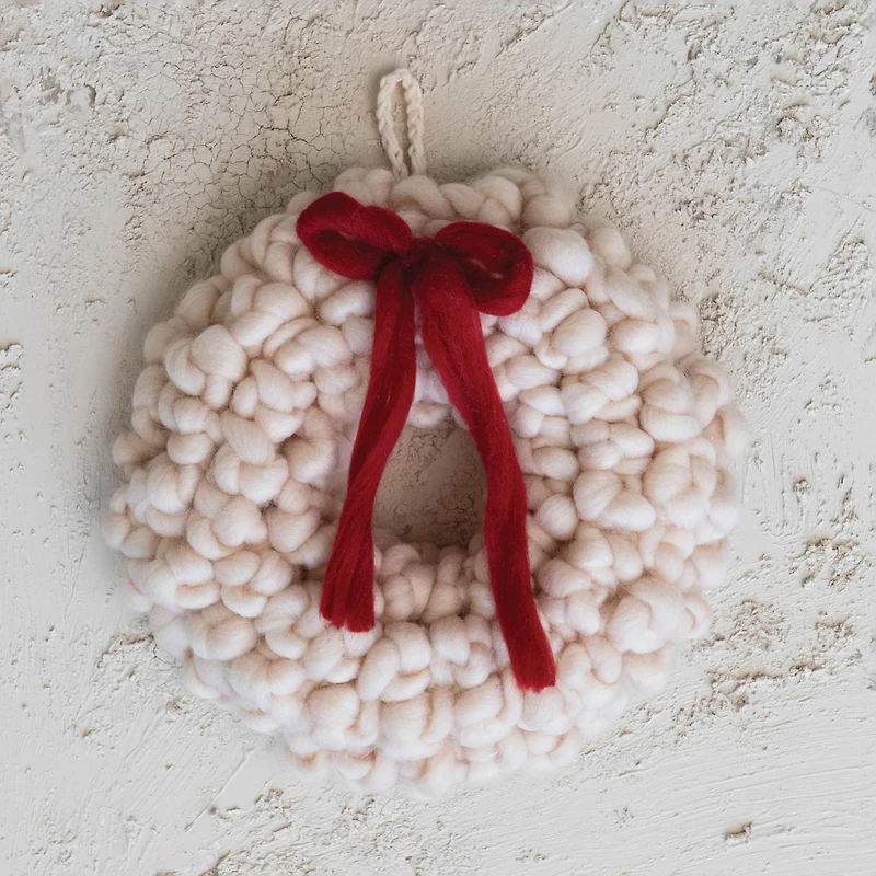 Hello Honey® 11.75" Cream Round Wool Wreath with Red Bow