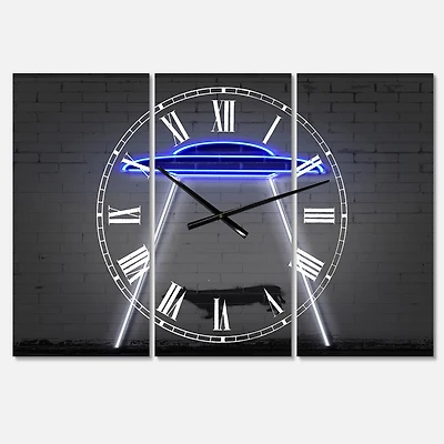 Designart Neon UFO Abducting Cow Modern 3 Panel Large Wall Clock