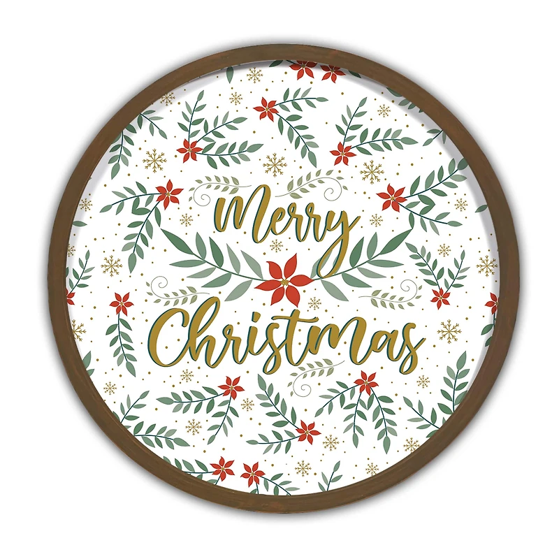 Merry Christmas Botanical Round Wall Art in Brown Frame