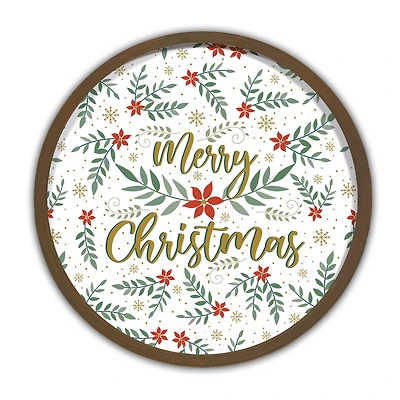 Merry Christmas Botanical Round Wall Art in Brown Frame