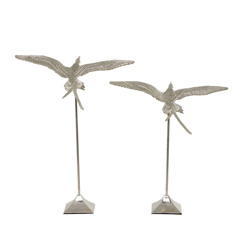 Silver Aluminum Eclectic Bird Sculpture, Set of 2 32", 25"
