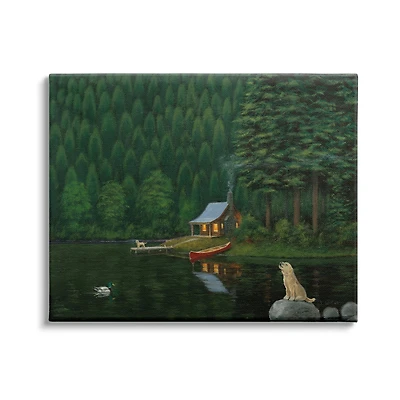 Stupell Industries Log Cabin Lakehouse Scene Pet Dogs Tree Forest Canvas Wall Art