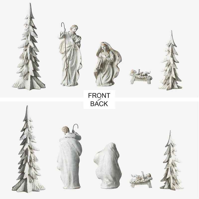 Glitzhome® 5-Piece White & Gold Resin Holy Family with Christmas Trees Set