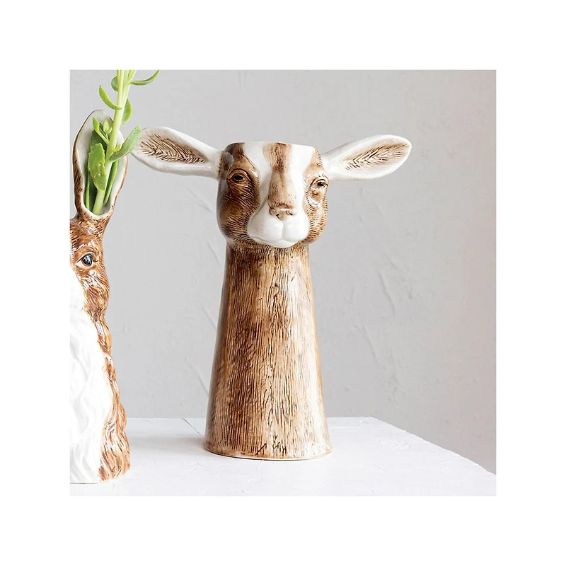 Hello Honey® 11" Brown & White Hand-Painted Decorative Stoneware Goat Vase