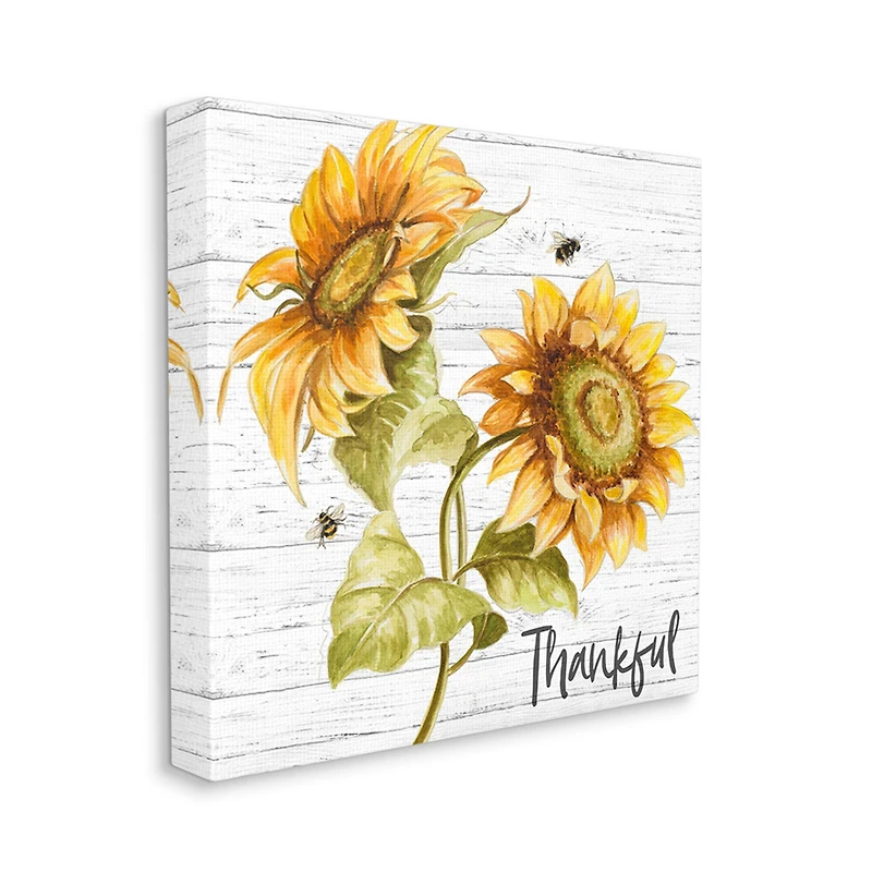 Stupell Industries Thankful Text Country Sunflowers Bumble Bees Canvas Wall Art