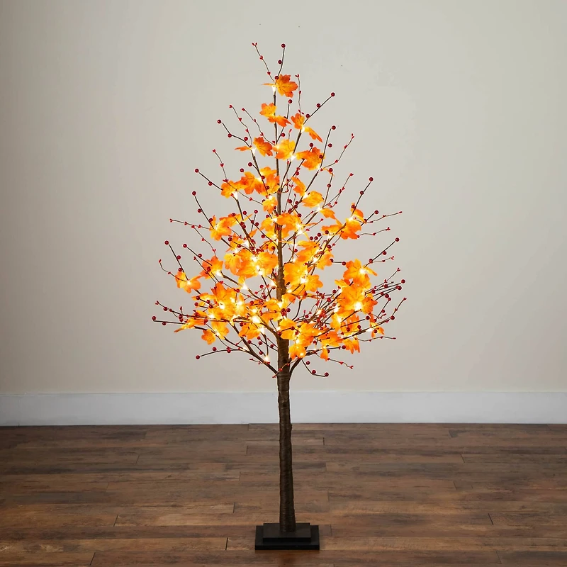 5ft. Pre-Lit Autumn Maple Artificial Fall Tree with Berries and 96 Warm White LED Lights
