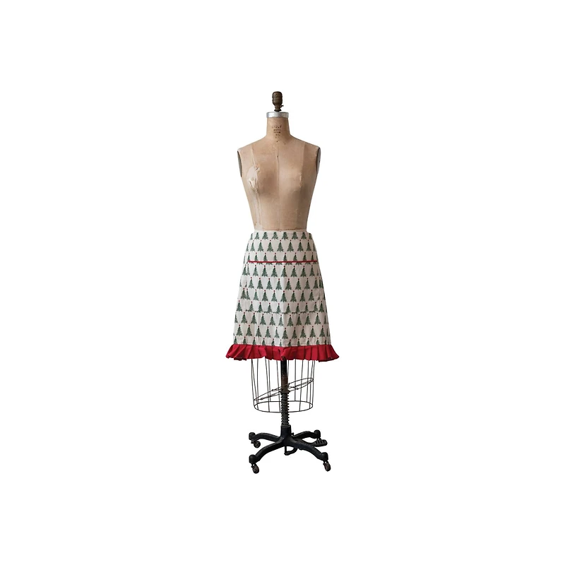 Hello Honey® Natural, Green & Red Cotton Printed Half Apron with Christmas Tree Pattern, Pocket & Ruffle