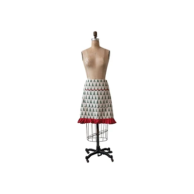 Hello Honey® Natural, Green & Red Cotton Printed Half Apron with Christmas Tree Pattern, Pocket & Ruffle