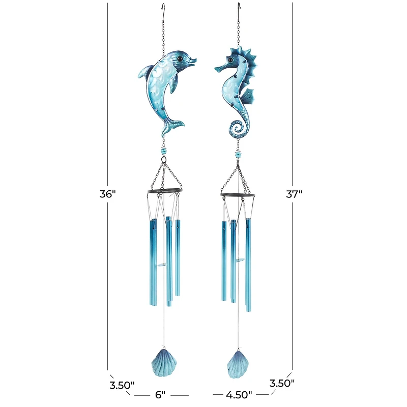 Blue Sea Life Metal Dolphin & Seahorse Windchime with Dangling Seashells Set