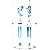 Blue Sea Life Metal Dolphin & Seahorse Windchime with Dangling Seashells Set