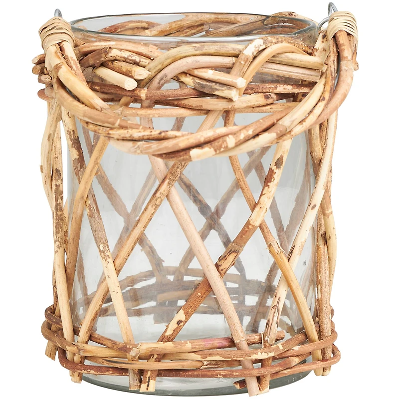9" Clear Glass Handmade Candle Lantern with Brown Rattan Woven Exterior & Twisted Handle