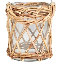 9" Clear Glass Handmade Candle Lantern with Brown Rattan Woven Exterior & Twisted Handle