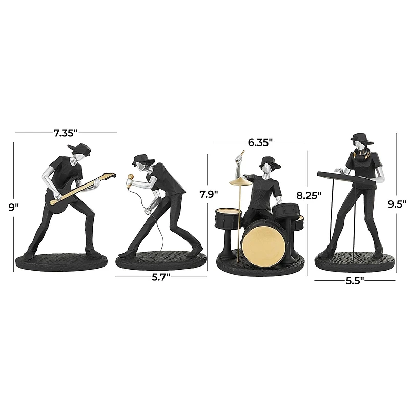 Black Polystone Rock Band Musician Sculpture with Gold & Silver Accents Set