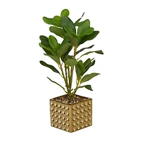 15" Glam Style Evergreen Artificial Foliage in Gold Porcelain Pot