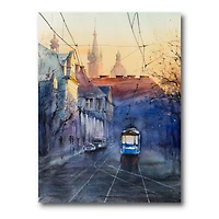 Designart - Blue Tram At Sunset With Church During Sunset