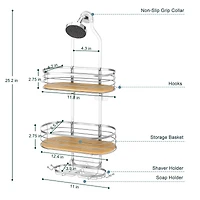 NEX™ Silver Stainless Steel & Bamboo Hanging Caddy Shower Organizer with Hooks