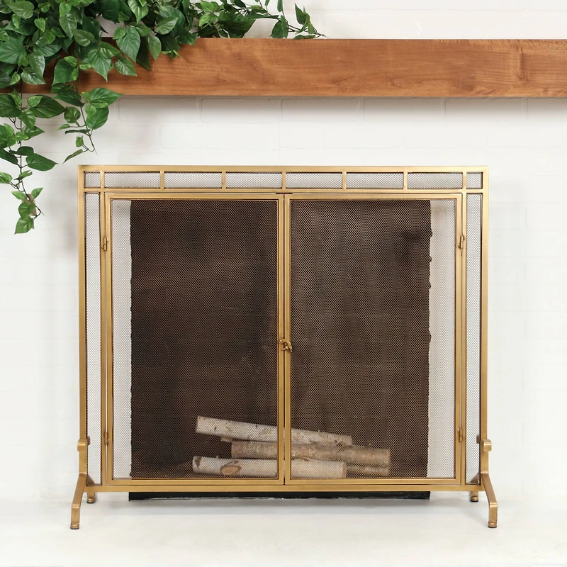 33.5" Gold Metal Geometric Single Panel Fireplace Screen