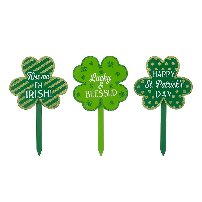 Glitzhome® 15" Wooden St. Patrick's Shamrocks Yard Stake Décor, 3ct.