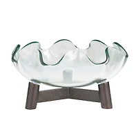 9" Clear Glass Floral Inspired Serving Bowl with Bronze Hammered Y-Shaped Stand