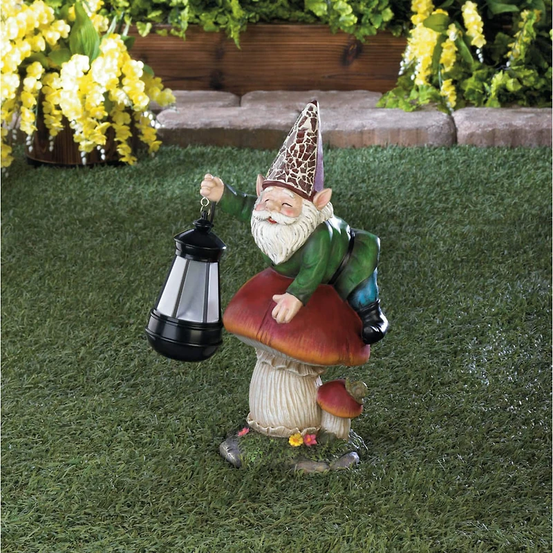 13" Gnome on Mushroom Solar Statue