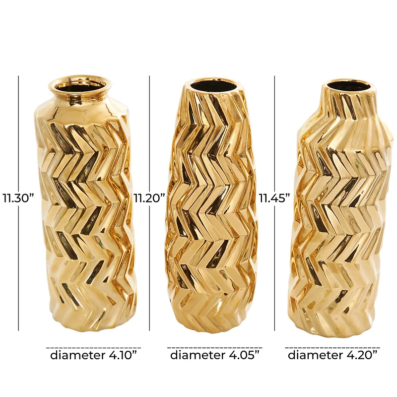 Gold Ceramic Dimensional Chevron Textured Vase with Varying Shapes Set