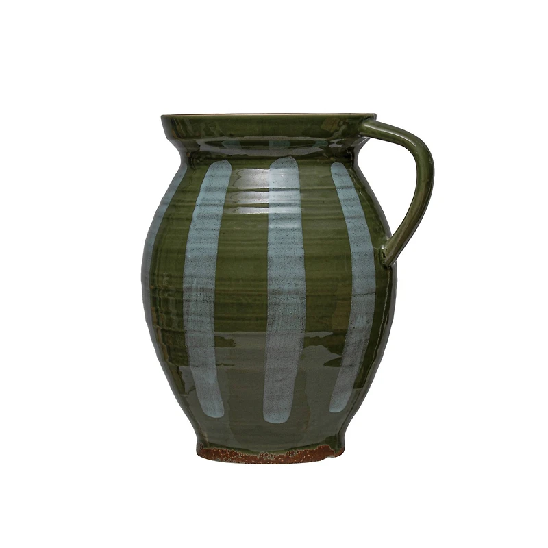 Hello Honey® 10" Green & White Hand Painted Striped Stoneware Pitcher