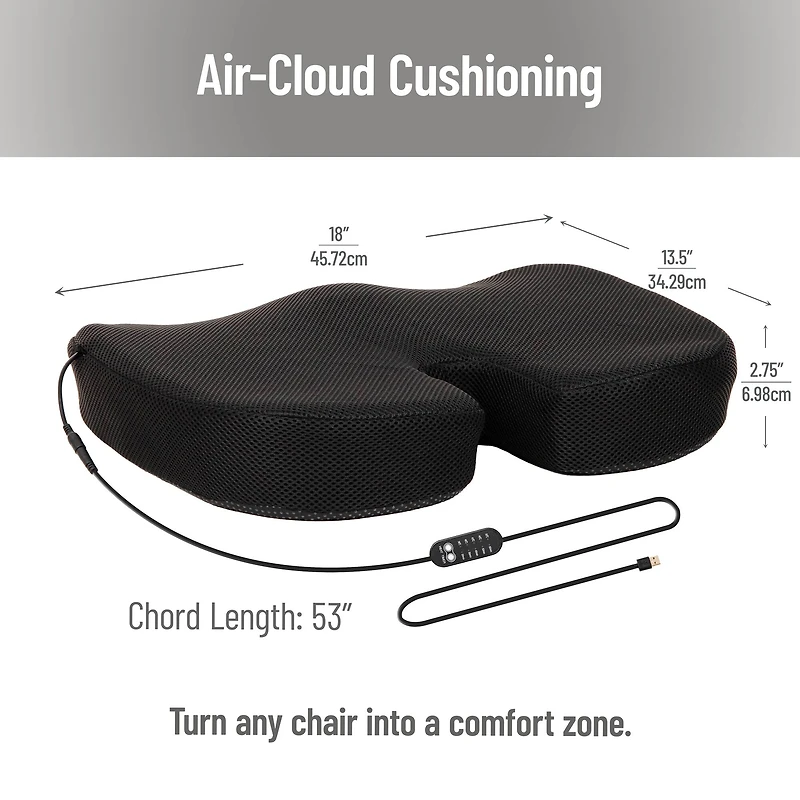 Mind Reader Heated Memory Foam Seat Cushion, Air-Cloud Technology, Coccyx & Hip Pain Relief with 4 Heat Settings, Timer & Auto Shut-Off, Black