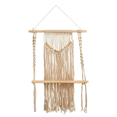 24" Boho Chic Wood Macrame Single Shelf Woven Beads Wall Art Décor