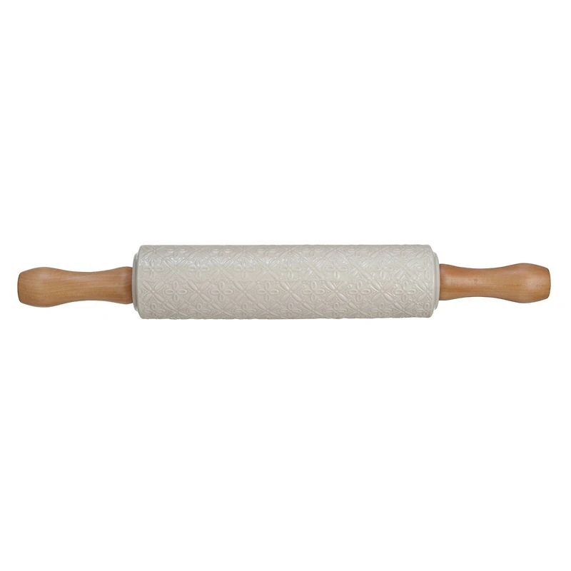 Hello Honey® Embossed Cream Stoneware Rolling Pin with Wood Handles