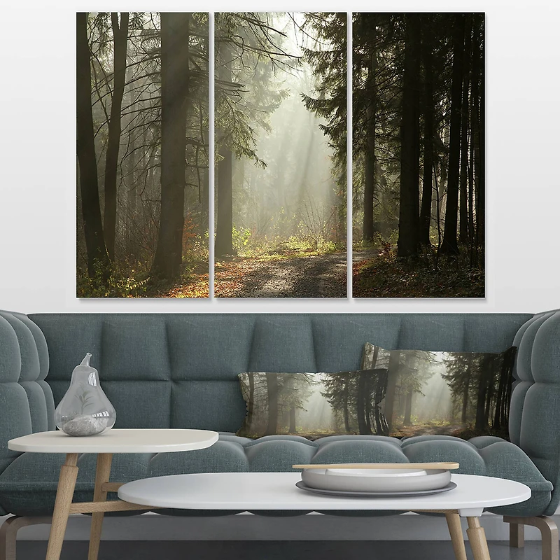 Designart - Dark Green Forest with Sun Rays