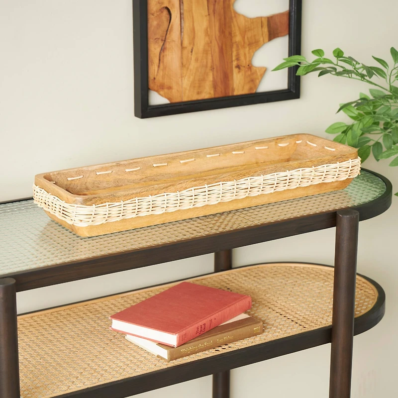 24.5" Brown Handmade Wooden Tray with Woven Seagrass Accent