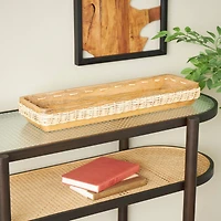 24.5" Brown Handmade Wooden Tray with Woven Seagrass Accent