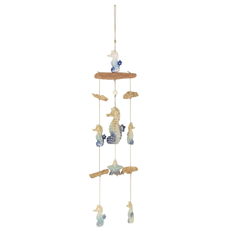 41" Blue Ombre Ceramic Starfish & Seahorse Windchime with Driftwood Accents